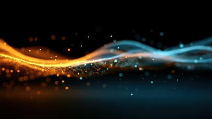 Abstract golden and blue particle waves on black background data visualization futuristic concept shiny dots elegant design presentation template