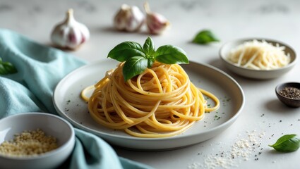 Plate of spaghetti with basil, garlic, parmesan cheese, and various seasonings on a white surface with ingredients.