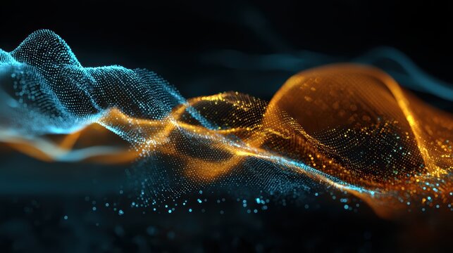 Abstract dotted waves in blue and gold digital technology background