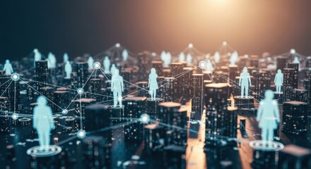 Futuristic Digital Network with Connecting Human Icons in a Modern Cityscape