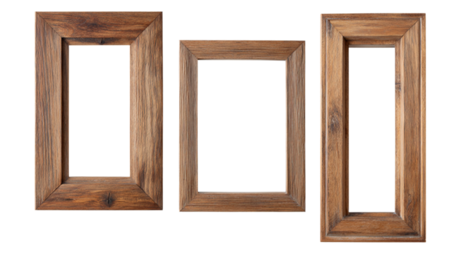  Set of rustic wooden collage frames for wall decor, transparent background