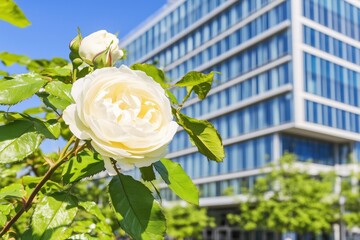 A beautiful white rose blooming with a modern glass building in the background.