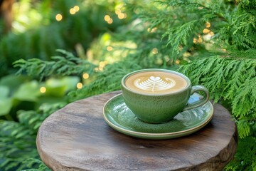 A green coffee cup with latte art placed on a wooden table surrounded by greenery.
