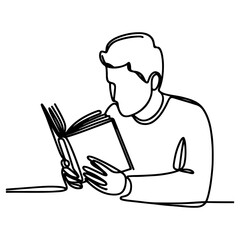 Continuous line art man and woman reading book minimalist drawing illustration