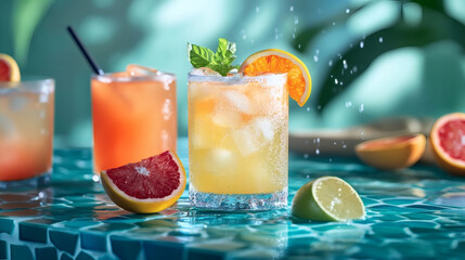 Citrus spritzes on teal mosaic tiles with coastal reflections