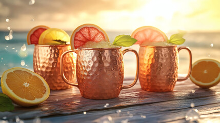 Citrus spritzes in hammered copper mugs with coastal sunset