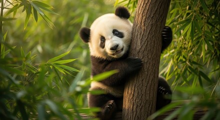 Obraz premium Adorable Panda Bear Clinging to a Tree Trunk Amidst Lush Bamboo Foliage in Natural Habitat