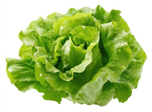 Fresh, vibrant green head of crisp lettuce, showing ruffled, layered leaves, glistening with water droplets