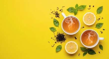 Two cups of hot tea with lemon and mint leaves on a bright yellow background