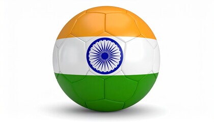 Soccer ball with Indian flag design featuring saffron, white, green stripes and Ashoka Chakra on grassy field.