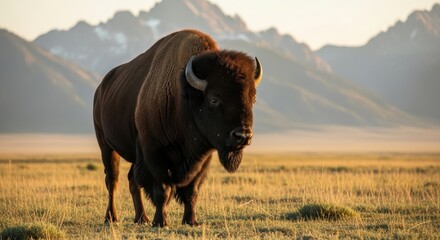 A majestic bison stands on grassy plains with mountains in background, bathed in warm sunlight