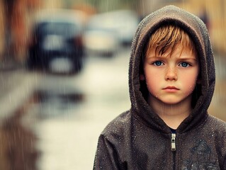 A young boy with blue eyes wearing a hooded jacket, standing in the rain on a city street.