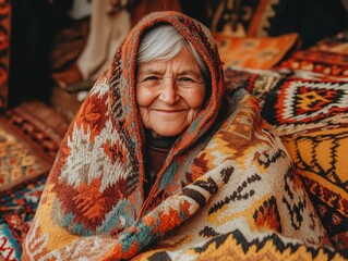 An elderly woman wrapped in a colorful blanket, smiling warmly at the camera.