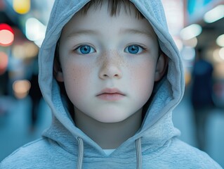 A young boy with blue eyes wearing a gray hoodie, looking directly at the camera in a blurred urban background.