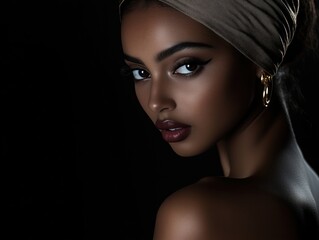 A beautiful woman with a headscarf posing against a dark background.