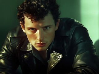 A young man with curly hair wearing a leather jacket, looking confidently at the camera against a green background.