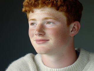 A young man with curly red hair and freckles smiling softly against a neutral background.