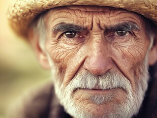 A close-up portrait of an elderly man wearing a straw hat, showcasing deep wrinkles and expressive eyes.