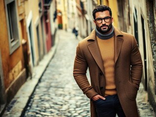 A fashionable man wearing a brown coat and sweater, standing confidently on a cobblestone street.