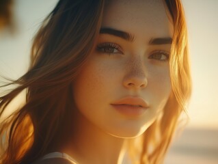 A young woman with freckles and long hair smiling softly at sunset.