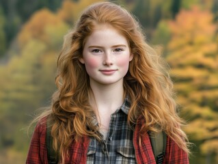 A young woman with long red hair smiling in a plaid shirt against a colorful autumn background.