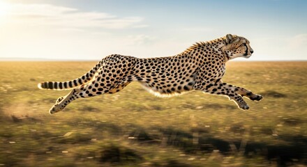A cheetah in full sprint across golden grasslands, showcasing speed and agility in motion