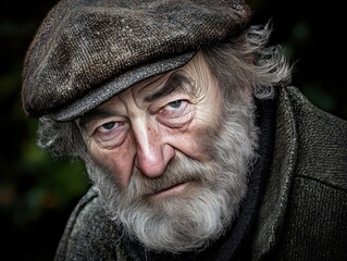 A close-up portrait of an elderly man with a gray beard and a flat cap, looking thoughtfully at the camera.