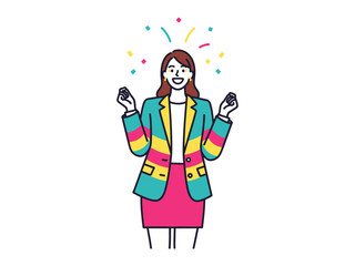 Celebrating Success: A vibrant illustration portrays a woman, radiating confidence and joy, celebrating a personal achievement. She embodies positivity, aspiration, and triumphant goals.