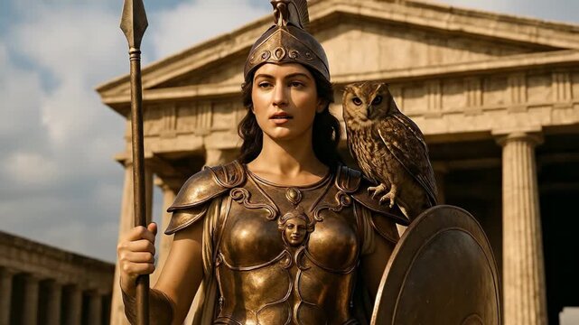 Athena Wise Goddess of Wisdom and War in Shining Bronze Armor with Spear, Shield, and Sacred Owl in Ancient Greek Temple