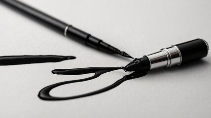 Naklejka premium A sleek black eyeliner pen with a cap off, showcasing smooth, inky strokes on a light gray surface.