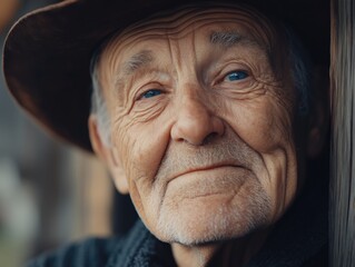 A close-up portrait of an elderly man smiling warmly, wearing a brown hat.