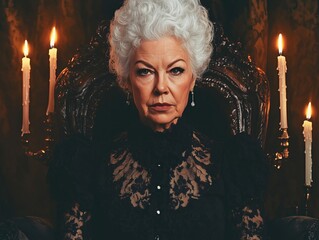 A serious woman with white hair in a black lace dress, seated in a dark room with candles.