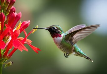 Naklejka premium A Ruby-throated Hummingbird with iridescent plumage hovers to sip nectar from a vibrant red flower