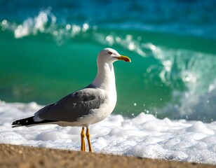 Fototapeta premium Seagull standing gracefully on the beach amidst the crashing waves on a sunny day