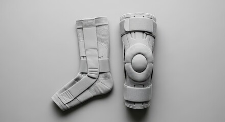 An orthopedic knee brace and ankle support for joint stability and injury rehabilitation, isolated on a light background