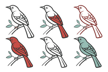 Obraz premium Set of six colorful birds perched on branches, isolated on white background