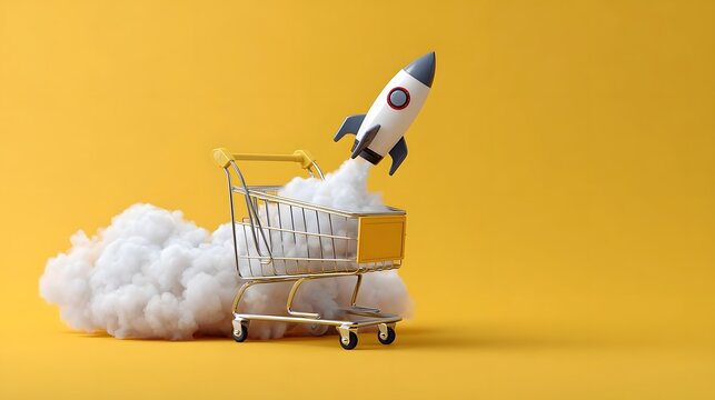 Rocket launching from a shopping cart against a bright yellow background