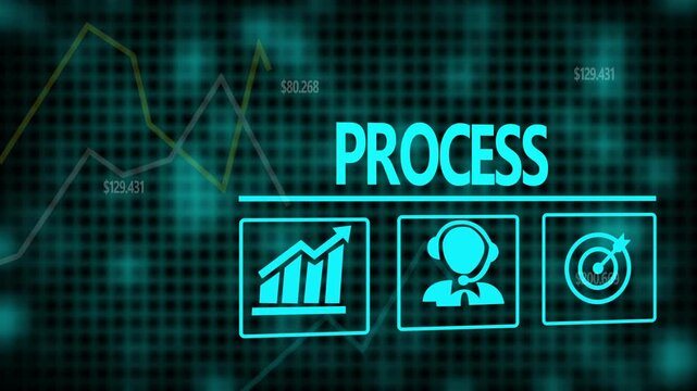 Process business concept on a flashing computer monitor with moving graphs and data.