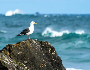 Seagull standing majestically on a rocky outcrop overlooking turbulent ocean waves