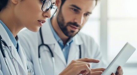 Two doctors in white coats looking at a tablet computer together