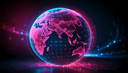 Glowing world globe with continents in pink and blue on a dark background with light streaks