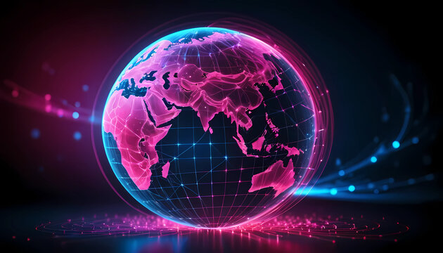 Glowing world globe with continents in pink and blue on a dark background with light streaks - Powered by Adobe