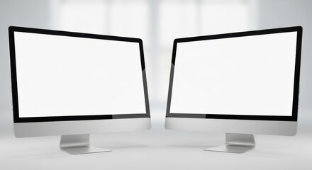Fototapeta premium Dual Computer Monitors on White Desk Modern Office Setup