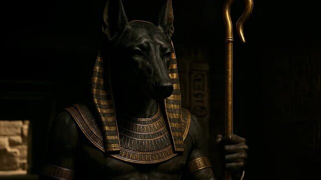 Anubis Jackal-Headed Egyptian God of the Dead Holding a Golden Staff Within a Shadowy Ancient Tomb