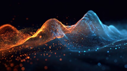Abstract digital waveform with orange and blue particle mesh dynamic visualisation for backgrounds or scientific data representation technology and science