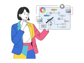 Strategic Planning: A sharp business professional thoughtfully analyzes and presents complex data visualizations on a transparent display, exemplifying decision-making and strategic prowess.