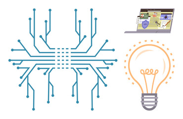 Circuit network diagram, laptop with shield interface, and lightbulb symbolize connectivity, cyber security, and innovation. Ideal for technology, system design, AI, ideas internet safety