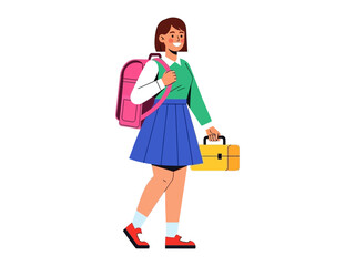 Schoolgirl's Scholarly Stroll: A cheerful schoolgirl strides confidently with a vibrant pink backpack and a yellow briefcase in hand, ready to embrace the day's educational journey.