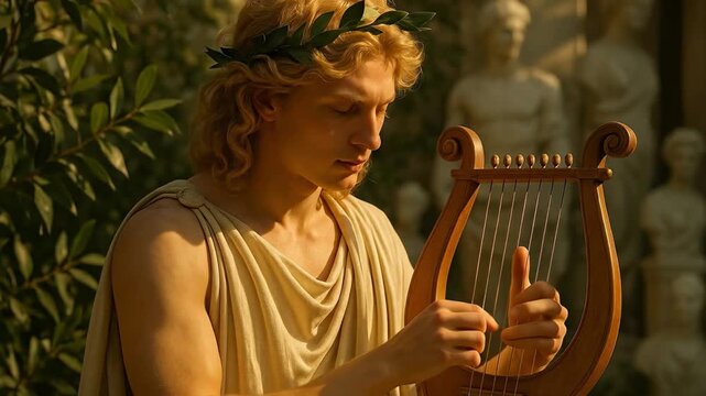 Apollo Golden-Haired God of Music, Light, and Prophecy Playing a Lyre Beneath Warm Sunlight Surrounded by Laurel Leaves and Artistic Sculptures