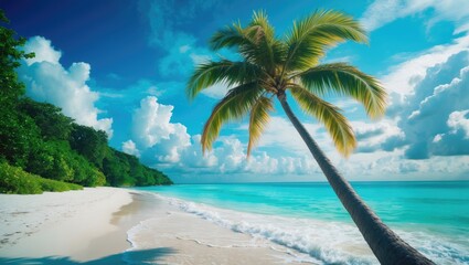 Naklejka premium Tropical beach scene with palm tree, white sand, blue water, and sky, evoking a relaxing vacation atmosphere.
